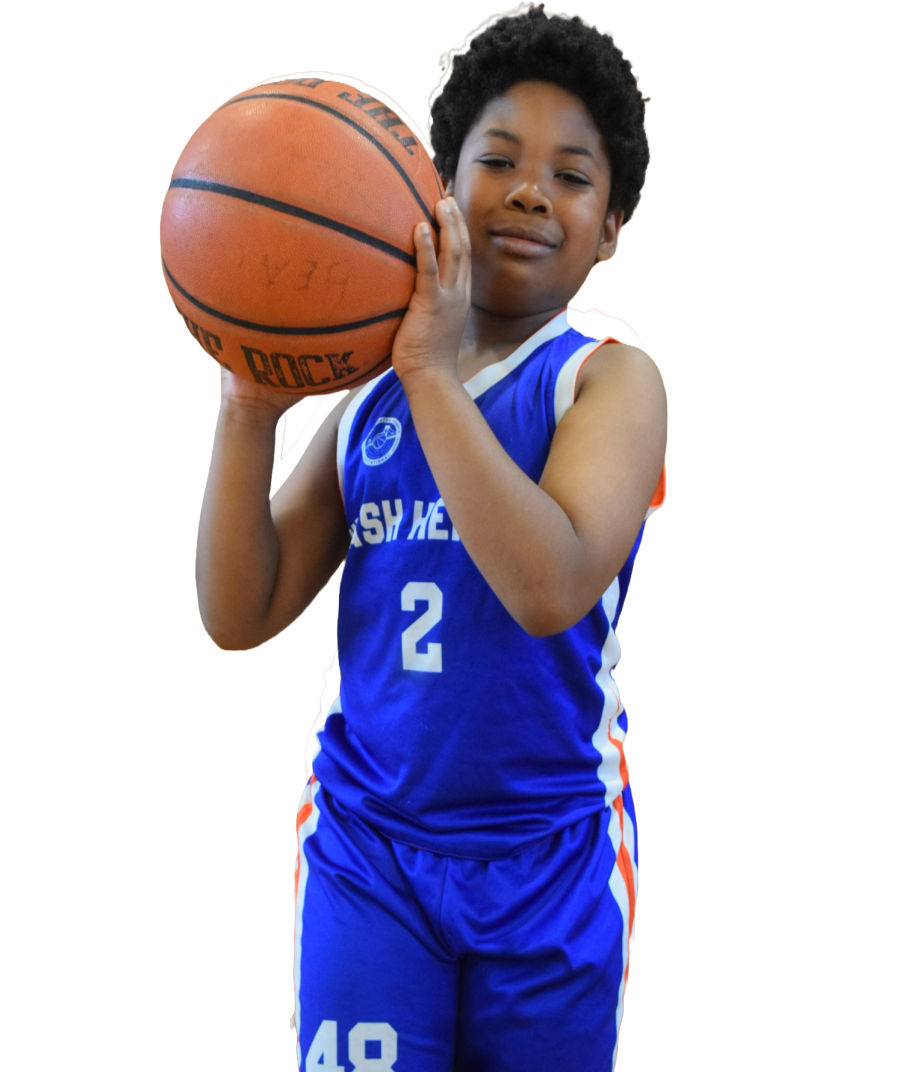 Child with basketball held up